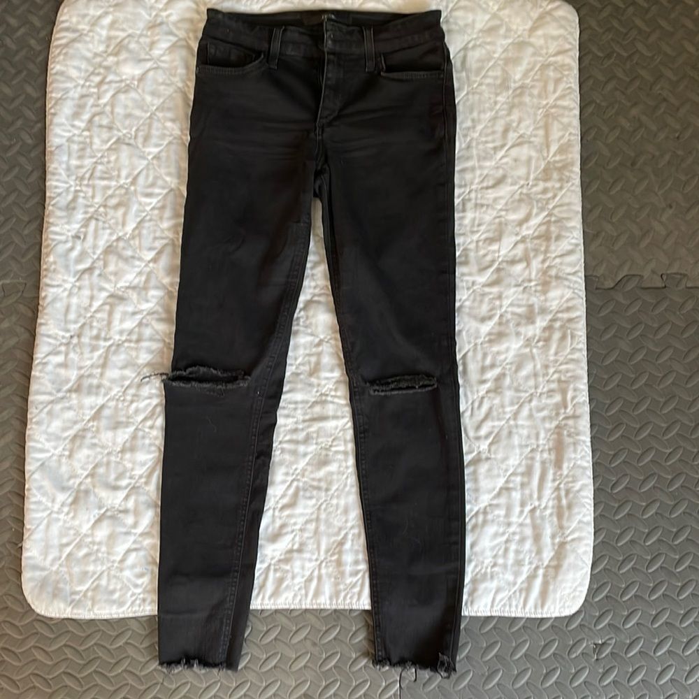 Joes jeans black size 26 designer holes in both knees frayed bottoms on legs